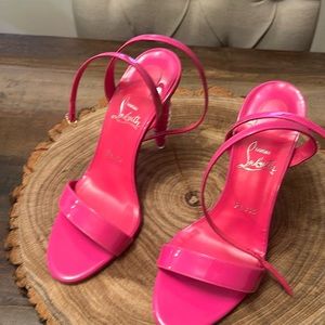 Pink shiny 5” Louboutin Stilettos - worn once. Excellent condition.